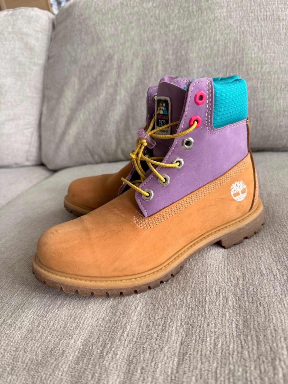 Timberland Tan, Purple & Teal Nubuck Ankle Boots